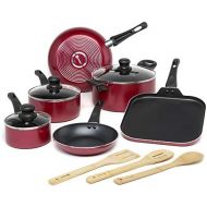 Ecolution Easy Clean Nonstick Cookware Set, Dishwasher Safe Kitchen Pots and Pans Set, Comfort Grip Handle, Even Heating, Ultimate Food Release, 12-Piece, Red