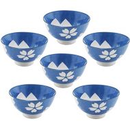 [아마존베스트]Hinomaru Collection Oriental Japanese style Set of 6 Ceramic Donburi Rice Bowl Tayo Multi Purpose 4.5 Dia x 2.25 H (Blue Cherry Blossom)