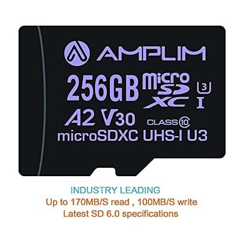  Amplim Micro SD Card 256GB, New 2021 MicroSD Memory Plus Adapter, Extreme High Speed 170MB/S A2 MicroSDXC U3 Class 10 V30 UHS-I for Nintendo-Switch, GoPro Hero, Surface, Phone, Cam