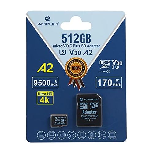  Amplim 512GB Micro SD Card, New 2021 MicroSD Memory Plus Adapter, Extreme High Speed 170MB/S A2 MicroSDXC U3 Class 10 V30 UHS-I for Nintendo-Switch, GoPro Hero, Surface, Phone, Cam