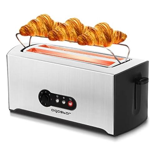  Aigostar Sunshine 30KDG - Edelstahl Toaster 4 Scheiben Langschlitz Mit Abnehmbarer Kruemelschublade (1600 Watt, 7 Braunungsstufen und 3 Kochfunktionen) Silber & Schwarz. EINWEGVERPA