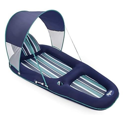  Aqua LEISURE Aqua Ultimate Pool Float Lounger with UPF 50 Canopy and Cupholder ? Heavy Duty, Inflatable Pool Lounge for Adults ? Navy/Aqua/White Stripe