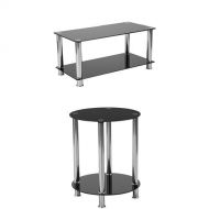 Flash Furniture Riverside Collection 3 Piece Coffee and End Table Set with Black Glass Tops and Stainless Steel Frames