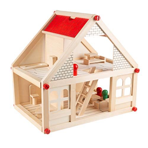  Dollhouse for Kids ? Classic Pretend Play 2 Story Wood Playset with Furniture Accessories and Dolls for Toddlers, Boys and Girls by Hey! Play!,Brown