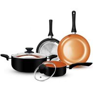 [아마존베스트]FRUITEAM 6pcs Cookware Set Ceramic Nonstick Soup Pot/Sauce Pan/Frying Pans Set, Copper Aluminum Pan with Lid, Induction Gas Compatible, Black