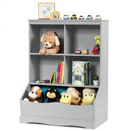 Giantex Cubby Toy Organizer, Wood Storage Cabinet, 3 Shelf 4 Cube Units, Storage Bins Cubbies for Kids’ Collections (Gray)