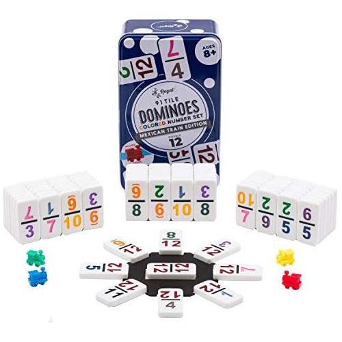  [아마존베스트]Regal Games Double 12 Colored Number Dominoes Mexican Train Game Set with Plastic Hub, 91 Numbered Domino Tiles, 4 Plastic Trains, and Collectors Tin