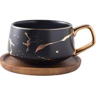 [아마존베스트]Coffeezone 10.5 Oz Matte Ceramic Marble Tea Coffee/Tea Cups with Wood Saucers Luxury Gold Inlay (Black, Cup & Saucer)
