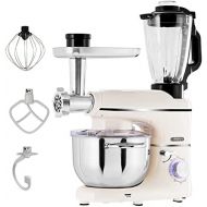 Arebos 6 in 1 Food Processor 1500 W Cream Meat Grinder Blender Pasta Machine Kneading Machine with Stainless Steel Bowl 5.5 L Kitchen Mixer with Mixing Hook, Dough Hook, Whisk, Spl