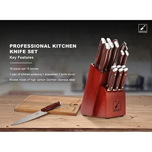  Japanese Knife Set, imarku 16-Piece Professional Kitchen Knife Set with Block, Chef Knife Set with Knife Rod, German High Carbon Steel Kitchen Knives Set