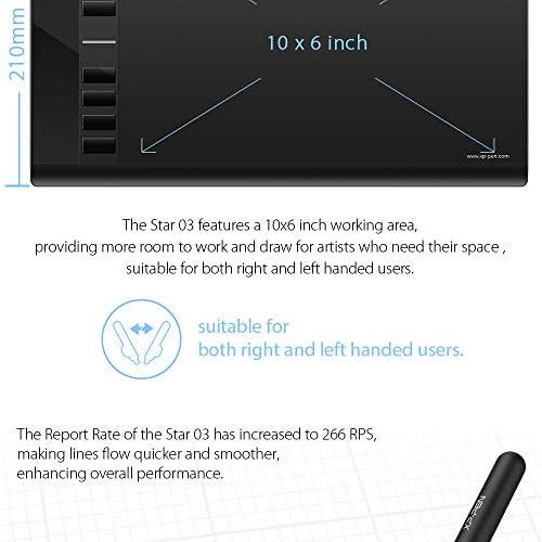  [아마존베스트]XP-PEN Star 03 Battery-Free P01 Pen Graphics Tablet 2048 Stage Pressure Sensitivity Wide Surface and 8 Quick Access Keys