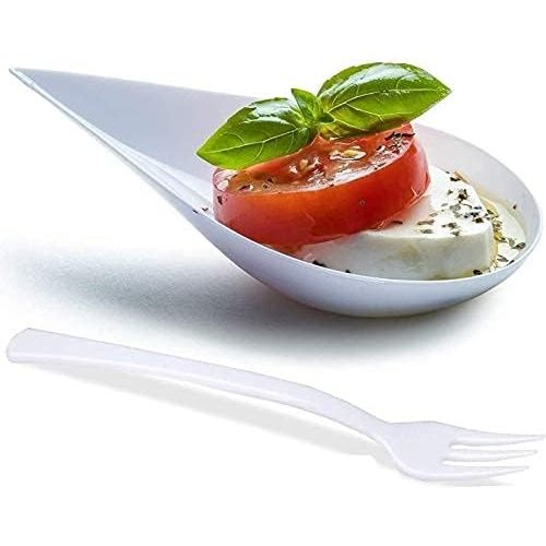  [아마존베스트]DLux 100 4-in Tear Drop Mini Appetizer Plates with Forks, White Plastic Spoons - Desserts and Appetizers Dishes Serving Plate - Asian Spoon Set, Small Catering Dessert Tasting Cups