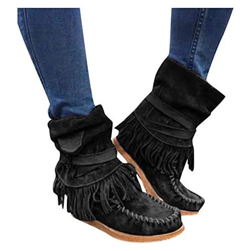  [아마존베스트]ZBYY Tassel Boots for Women Low Heel Suede Ankle Booties Winter Rome Vintage Fringe Buckle Knight Mid-Calf Flat Shoes