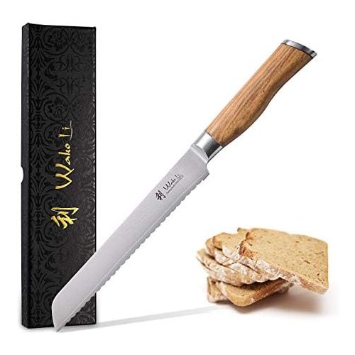  Wakoli Oliven Damastmesser - sehr hochwertiges Profi Messer mit Olivenholz Griff mit Damast Klinge, Damastmesser Brotmesser, Damastkuechenmesser