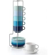 [아마존베스트]Sweese 404.003 Porcelain Stackable Espresso Cups with Saucers and Metal Stand - 2.5 Ounce for Specialty Coffee Drinks, Latte, Cafe Mocha and Tea - Set of 6, Cool Assorted Colors