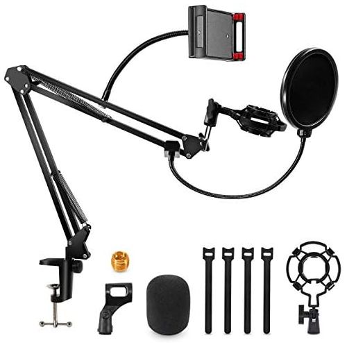  [아마존베스트]Gifort microphone stand for table, adjustable microphone arm with spider, pop protection, 3/8 inch to 5/8 inch adapter, microphone clip, mobile phone holder