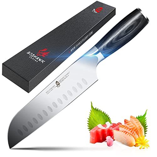  TUO 7 inch Santoku Knife, Japanese Chef Knife Vegetable Meat Kitchen Knife, German HC Stainless Steel, Premium Ergonomic Pakkawood Handle, Full Tang with Gift Box, Goshawk Series