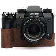 Fuji X-H1 Case, BolinUS Handmade Genuine Real Leather Half Camera Case Bag Cover for Fujifilm Fuji X-H1 XH1 Digital Camera Bottom Opening Version + Hand Strap -Desert Brown