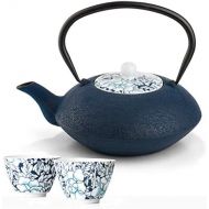Bredemeijer Teekanne asiatisch Gusseisen Set blau 1,2 Liter mit Tee-Filter-Sieb mit Teebecher (2 Tassen) Porzellan