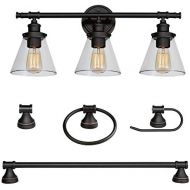 Globe Electric Parker 5-Piece All-in-One Bathroom Set, Oil Rubbed Bronze, 3-Light Vanity Light with Clear Glass Shades, Towel Bar, Towel Ring, Robe Hook, Toilet Paper Holder,50192