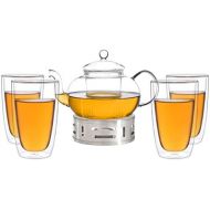 Aricola Teeset Melina 1,3 Liter. Glas-Teekanne 1,3 Liter mit Glassieb, 4 doppelwandige Teeglaser 360ml und Edelstahlstoevchen