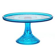 Rosso Glass Cake Plate - Queens Pattern - Mosser Glass - USA American Made (Colonial Blue)
