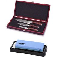 [아마존베스트]Wakoli 3 Piece Damascus Knife Professional Set with Wooden Box, VG-10, Chefs Knife, Damask Kitchen Knife, Wet/Combi Whetstone, Water Stone Set #6000/1000
