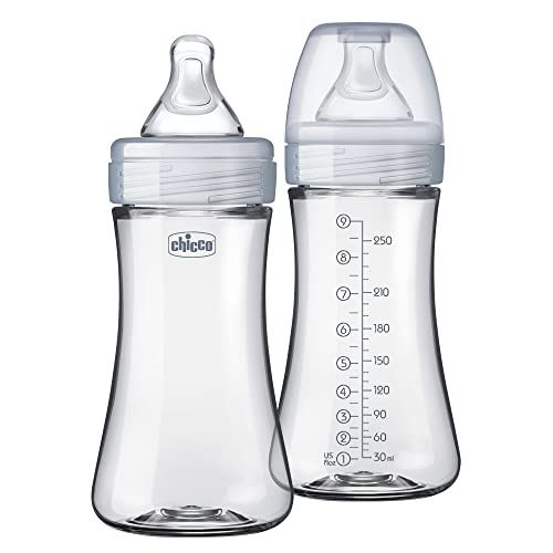치코 Chicco Duo 9oz. Hybrid Baby Bottle with Invinci-Glass Inside/Plastic Outside 2-Pack with Slow Flow Anti-Colic Nipple - Clear/Grey