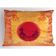Ambesonne Japanese Pillow Sham Set of 2, Warrior Ninjas at Sunset Between Building Flowers? Theme Japanese Print, Quality Microfiber Bedding Item for All Seasons, 26 x 20, Mustard