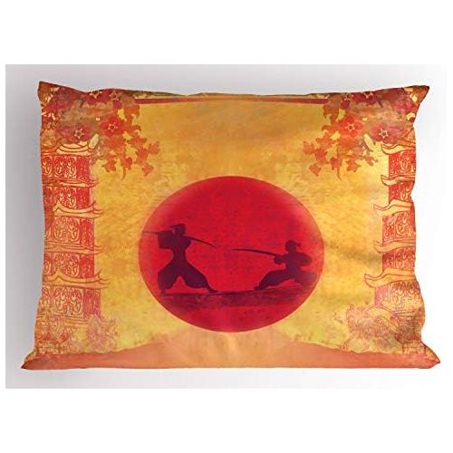  Ambesonne Japanese Pillow Sham Set of 2, Warrior Ninjas at Sunset Between Building Flowers? Theme Japanese Print, Quality Microfiber Bedding Item for All Seasons, 26 x 20, Mustard