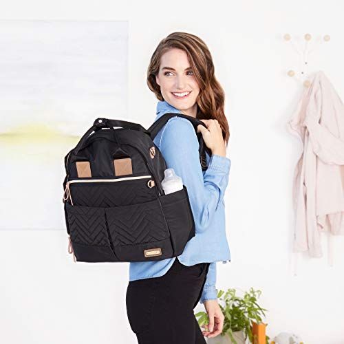 스킵 [아마존베스트]Skip Hop 200675, Multi-Function Baby Travel Bag with Changing Pad, Stroller Straps, Bottle Bag and Pacifier Pocket, Vegan Leather, Black with Gold Trim, Suite 6-in-1 Diaper Backpac