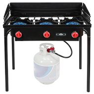 Hike Crew Cast Iron 3-Burner Outdoor Gas Stove 225,000 BTU Portable Propane-Powered Cooktop with Removable Legs, Temperature Control Knobs, Wind Panels, Hose, Regulator & Storage C
