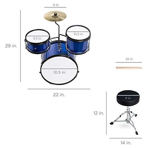  Best Choice Products 3-Piece Kids Beginner Drum Set w/ Cushioned Stool, Drum Pedal, Blue