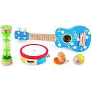 [아마존베스트]Hape Preschool Toddler Kids Age 3 and Up 5 Piece Wood Plastic Toy Instrument Band Set with Ukuleke, Tambourine, Castanet, Rainstick, and Maraca, Blue (E0339AE08)