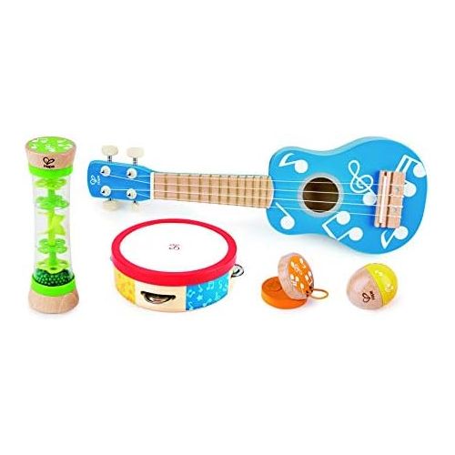  [아마존베스트]Hape Preschool Toddler Kids Age 3 and Up 5 Piece Wood Plastic Toy Instrument Band Set with Ukuleke, Tambourine, Castanet, Rainstick, and Maraca, Blue (E0339AE08)