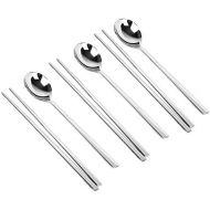 [아마존베스트]YAPULLYA YAPULLY Polished Stainless Steel Spoons and Chopsticks Set, Korean Chopsticks and Spoons tableware with long-hand, Reusable, set of 3-silver