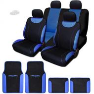 Yupbizauto Universal Szie 12 Pieces Flat Cloth Sleek Design Front and Rear Car Seat Covers with Vinyl Trim Floor Mats Full Set (Black/Blue)