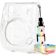 QUEEN3C Instant Mini 11 Protective Case, Designed for Mini 11 Instant Camera, with Adjustable Rainbow Shoulder Strap. (Clear Case, Glitter Transparent)