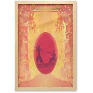 Ambesonne Japanese Wall Art with Frame, Warrior Ninjas at Sunset Between Building Flowers? Theme Japanese Print, Printed Fabric Poster for Bathroom Living Room Dorms, 23 x 35, Must