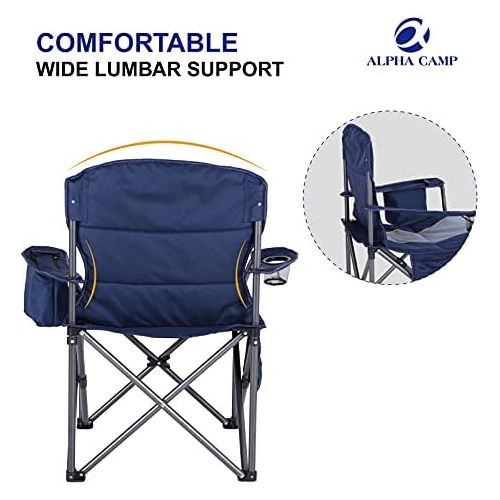  ALPHA CAMP Folding Camping Chair Oversized Heavy Duty Padded Outdoor Chair with Cup Holder Storage and Cooler Bag, 450 LBS Weight Capacity, Thicken 600D Oxford, Blue