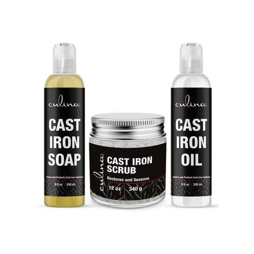  Culina Supreme Cast Iron Care Set: Restoring Scrub, Cleaning Soap & Conditioning Oil Best for Cleaning Care, Washing & Restoring 100% Plant-Based for Cast Iron Cookware, Skillets,
