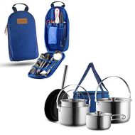 Wealers Camping Cookware Set 304 Stainless Steel 8 Piece Pots & Pans Open Fire Cooking Kit with 11 Piece Camp Kitchen Cooking Utensil Set Travel Organizer Grill Accessories Portabl