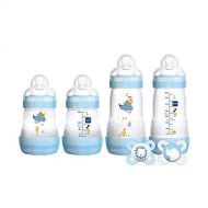 MAM Newborn Essentials Feed & Soothe Set (6-Piece), Easy Start Anti-Colic Baby Bottles, 0-2 Month Pacifier, Baby Shower Gifts for Baby Boy, Blue