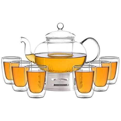  Aricola Teeset Melina 1,3 Liter. Glas-Teekanne 1,3 Liter mit Glassieb, 6 doppelwandige Teeglaser 200ml und Edelstahlstoevchen