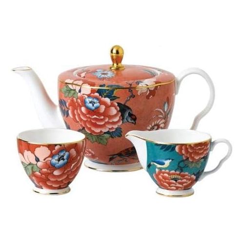  Wedgwood Paeonia Blush 3-Pc Tea Set- Teapot, Sugar & Creamer