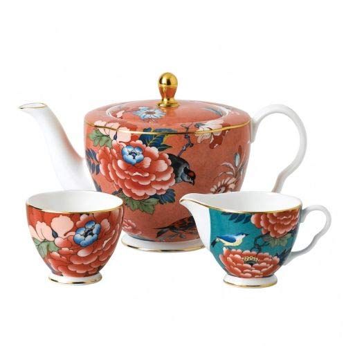  Wedgwood Paeonia Blush 3-Pc Tea Set- Teapot, Sugar & Creamer