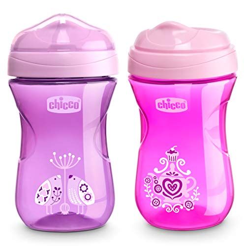 치코 Chicco Rim Spout Trainer Spill Free Bite Poof Rim Baby Sippy Cup 9oz, Pink/Purple, 9m+ (2pk)