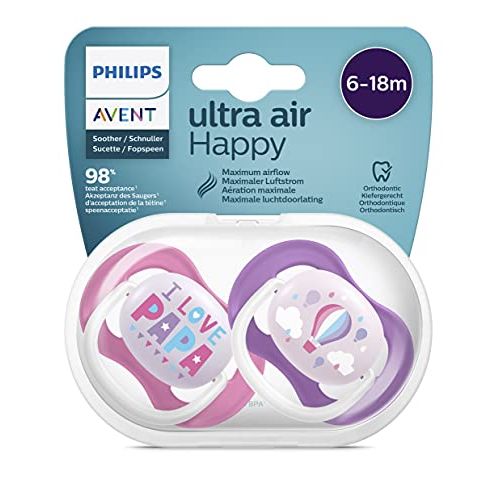 필립스 Philips Avent SCF080, 04, Ultra Air Dummy, 6 18 Months, Soft Teat, Pack of 2, Raspberry Pink and Purple