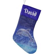 FunnyCustomShop OOshop Personalized Christmas Stockings Interesting Deep Blue Dolphins Leap with Name Custom Xmas Holiday Fireplace Festive Gift Decor 17.52 x 7.87 Inch