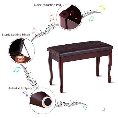 자이언텍스 Giantex Piano Bench PU Leather W/Padded Cushion and Music Storage, Comfortable Double Duet Seat, Wooden Legs, Perfect for Professional or Home Use Piano Stool (Brown)